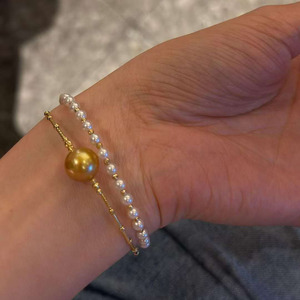 Double Layer Pearl Cuff Bangle With 10-11mm Rich Tea Golden Pearl & 3.5-4mm Aurora Baby Pearl, 925 Silver Elegant Luxury Jewelry - Product Image 4