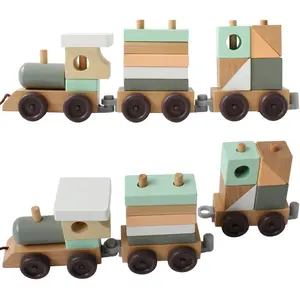 Montessori Mainan Kayu Desain Baru Bentuk Cocok Blok Bangunan Seret Kereta Edukasi Dini Anak