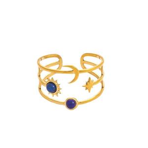 Anillos de Moda Chapados en Oro, Diseño Abierto en Forma de U con Estrella y Luna, con Turquesa y Piedras Rosas, Joyería Unisex para Regalo - Product Image 5