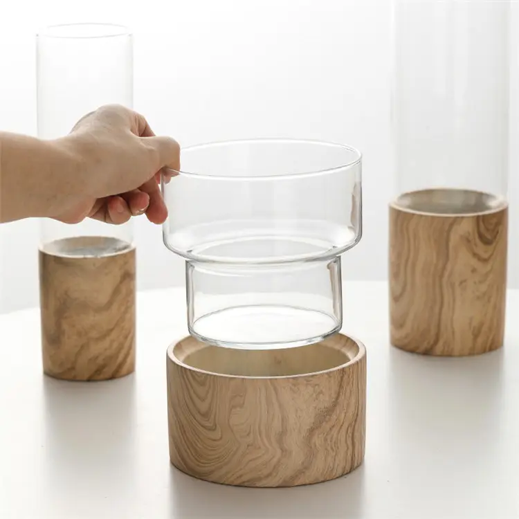 Vaso de vidro transparente, vasos de flores exclusivos de luxo nórdico para decoração de casa, grão de madeira, flor, cilindro, vaso de mesa