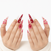 Grosir 10Pcs Kuku Palsu Stiletto Ekstra Panjang 3D Bunga French Gold Beads Wine Red Rhinestone Full Cover untuk Wanita