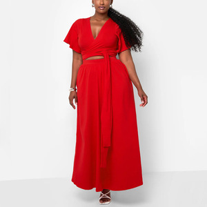 N8078 Latest Design African Summer Outfits for Women Trumpet Sleeves <strong>Lace</strong> up V-neck <strong>Top</strong> and Maxi Skirt Set Two Piece - Product Image 4