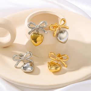 202618K Gold Plated Stainless Steel Bow Shaped Trendy Earrings <b>Light</b> Luxury Heart Pendant for Women's Party Occasions - Product Image 3