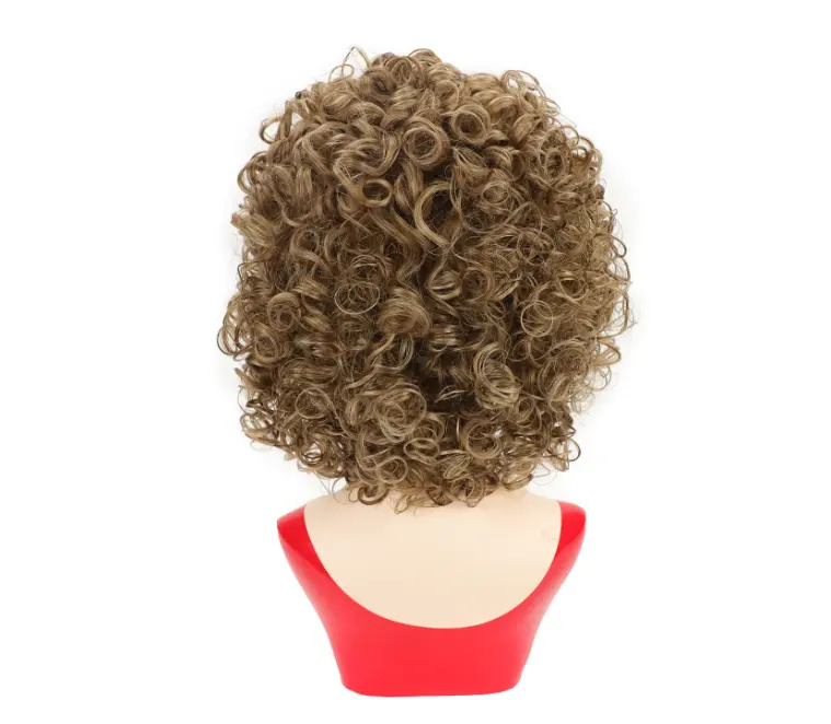 Short Brown Curly Wigs for Women Mixed Blonde Synthetic Wig Bouncy Curly Hair Replacement Ombre Curly Wig with Dark Root