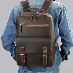 Marrant mochila de viagem vintage masculina, de couro genuíno, para acampamento, com 15 polegadas