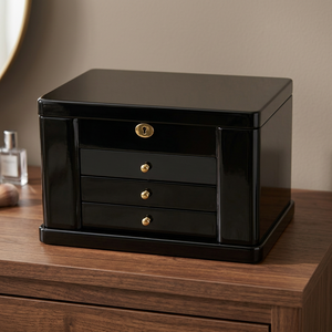 Caja de Joyería de Madera Negra Hecha a Mano por BS INTERNATIONAL, con Cerradura y 3 Cajones, Personalizable - Product Image 1