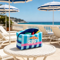 Pochette de maquillage portable en nylon brodé SPF pour femme, sac cosmétique rayé pour l'été et les voyages, vente en gros