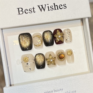 <span class=keywords><strong>Uñas</strong></span> Postizas Acrílicas Removibles Pintadas a Mano con Diseño 3D de Flores, Luna y Estrellas Doradas para Otoño, Alta Calidad, Hechas a Mano, Venta al Por Mayor - Product Image 2