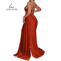 Rotes Pailletten-Sommer-Maxikleid mit Spaghettiträgern, schulterfrei, hohem Seitenschlitz, Spitze, offenem Rücken, Meerjungfrauen-Silhouette, Schleppe