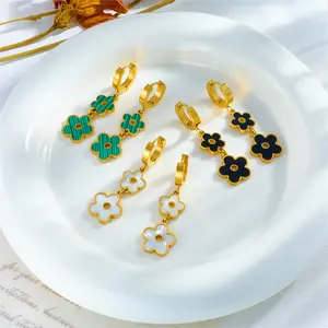 2023 Trendy 18k Gold Plated Flower Pendant Earrings Stainless Steel Hoop Earrings For Women Jewelry