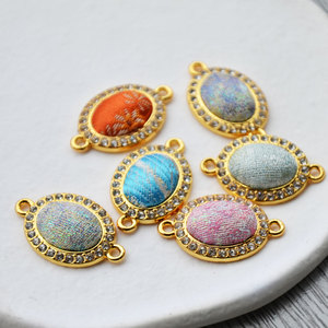 Oval Brocade Pendant <b>Copper</b> Plated 18k Gold Colorful Fabric Inlay For <b>Bracelet</b> Making Jewelry Findings Components - Product Image 4