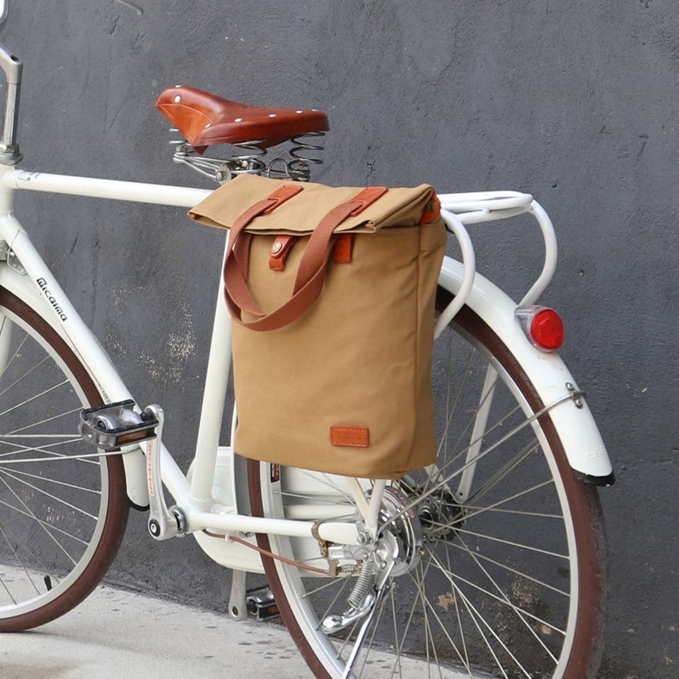 Tourbon Wholesale Water-resistant Khaki Canvas Bicycle Pannier Rear Rack Tote Bag With Detachable Shoulder Strap