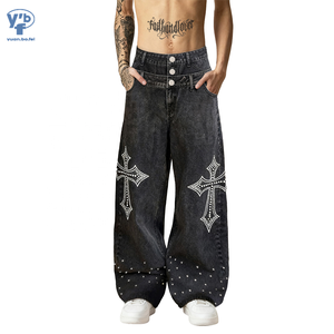 Jean baggy YUANBOFEI pour homme, vintage, <span class=keywords><strong>noir</strong></span>, en denim, double ceinture, décor croix en strass, <span class=keywords><strong>streetwear</strong></span>, <span class=keywords><strong>pantalon</strong></span> décontracté - Product Image 1