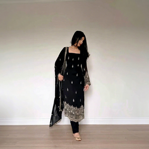 Traje Salwar de Georgette Foux Negro Bordado para Mujer, Ropa Tradicional India y Pakistaní para Bodas y Fiestas, Microalgodón de Secado Rápido - Product Image 1