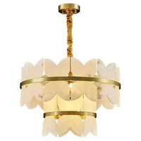 Lustre Tambour Moderne en Albâtre avec Cadre en Laiton Doré, Lumière Chaude 2700K, Grand Luminaire Suspendu pour Salon