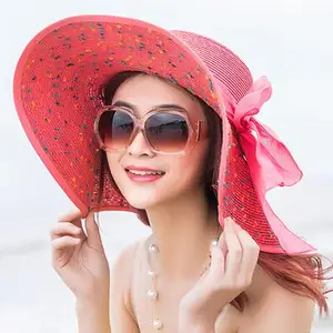 Faltbarer großer Strohhut mit breiter Krempe Frauen Summer Beach Leere Sonne Verstellbarer Bowknot Sonnenschutz Floppy Strohhut