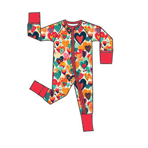 Yeni varış bebek sevgililer günü renkli kalp baskı bambu tulum uzun kollu çift yönlü fermuar Footie Romper - Product Image 2