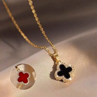 Pendentif en tungstène plaqué or, micro-serti de zircons, style Instagram, collier trèfle à quatre feuilles double face, cadeau unisexe