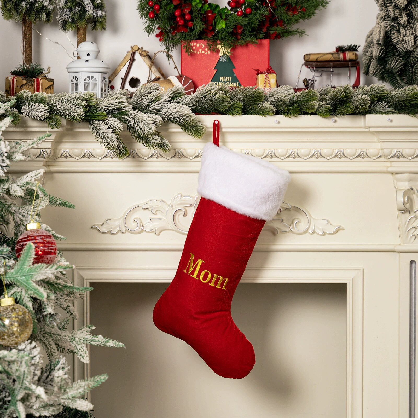 Gold velvet red christmas stocking letter mon