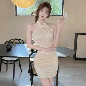 Traditional Chinese Embossed Cheongsam Dress Apricot Black Slim Fit Party Banquet Style - Product Image 4