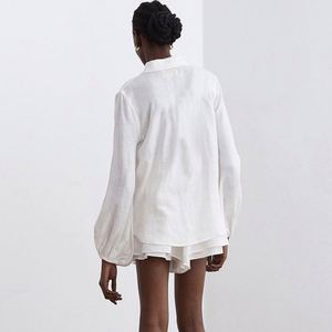 Conjunto de Dos Piezas de Verano para <span class=keywords><strong>Mujer</strong></span>, Blusa de Manga Larga de Algodón y <span class=keywords><strong>Lino</strong></span>, Pantalones Cortos con Volantes, <span class=keywords><strong>Traje</strong></span> <span class=keywords><strong>Blanco</strong></span> Informal a la Moda - Product Image 4