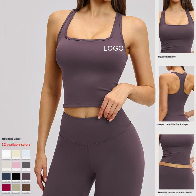 Brushed Spandex/Nylon I-Shape Tank Top Womens Regular Fit Quick-Dry Casual Running Fitness Sports Vest Yoga Wear Solid Front