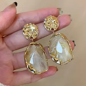 XINA S925 silver post resin geometric white mable effect acrylic earrings 18k gold plated fashion oval resin dangle earrings