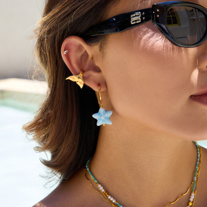 Starfish Pendant Earrings Blue Ceramic Gold Hoop Women's Everyday Wear - Product Image 3