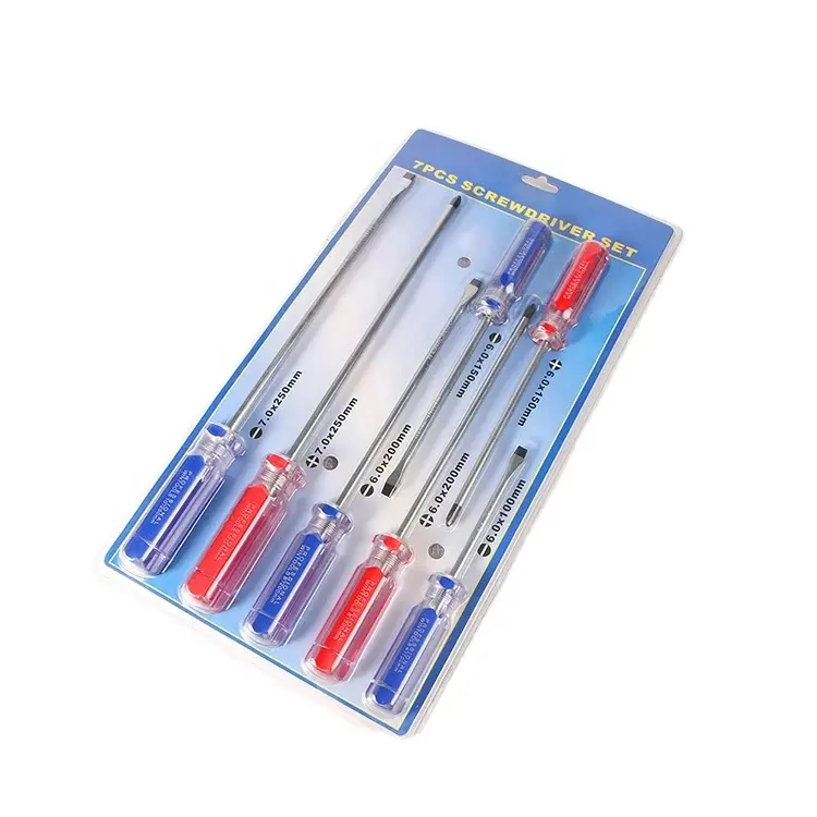 Ensemble de tournevis à tête fendue 7pcs personnalisés d'usine chinoise à bas prix avec outils à poignée en pvc transparent