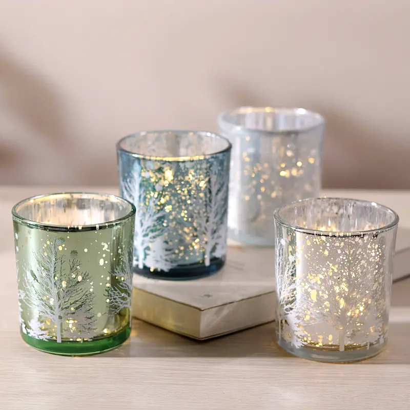 Factory wholesale Christmas gifts electroplated engraved unique glass candle jar custom luxury glass candle holder