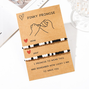 Pinky Promise <b>Bracelet</b> Set Black White Beads <b>Couple</b> <b>Matching</b> Jewelry Anniversary Gift Unisex Adjustable - Product Image 2