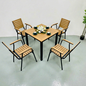 Modern Durable <b>Aluminum</b> Wood Grain Commercial Dining <b>Table</b> Set Outdoor Patio Restaurant Furniture 4 Seater Slatted Chair Set - Product Image 1