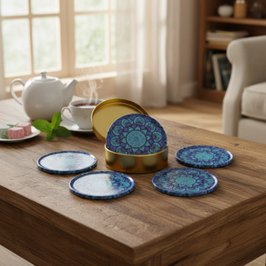 BLUE - TURQUOISE MANDALA DESIGNED AND BOXED SIX METAL TEA COASTER - <b>MAT</b> FROM TURKEY - Product Image 3