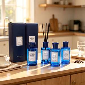 OCEANIA <b>Reed</b> <b>Diffuser</b> Set Blue Glass Cylinder Paraben Free Alcohol Free Handcrafted Long Lasting Aroma 6 Months - Product Image 6