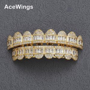 G029 Top 8 Bottom 8 Tooth Zircon Bling Bling Plaqué Argent/Or Hip Hop <span class=keywords><strong>Grilz</strong></span> Carrés pour Hommes pour Cadeau - Product Image 1
