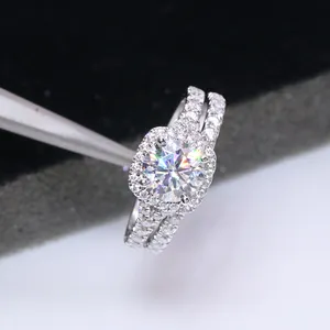 Fine jewelry mossanite halo anel de diamante redondo brilhante corte 14k ouro branco 1 quilate moissanite anel de casamento conjunto para o casamento