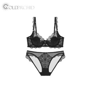 Completo intimo da donna <span class=keywords><strong>con</strong></span> <span class=keywords><strong>reggiseno</strong></span> a coppe 3/4 e slip in pizzo ricamato <span class=keywords><strong>trasparente</strong></span>, traspirante e di alta qualità - Offerta imperdibile - Product Image 5