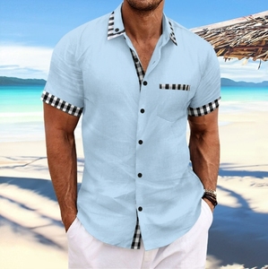 2024 été nouveau européen et américain hommes plage loisirs coton et chanvre poche épissage col à manches courtes <span class=keywords><strong>chemise</strong></span> - Product Image 6