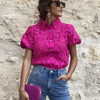 Chemisier et chemise personnalisés pour femmes, cardigan en dentelle à manches courtes, haut en coton, col en dentelle creuse, chemise à manches bulles pour femmes GIMILY