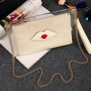 7081 Women Fashion Clutches And Evening Bags Clear Ladies Envelope Clutch Hand Bag Design Red Lip Pattern Chain Shoulder Bag
