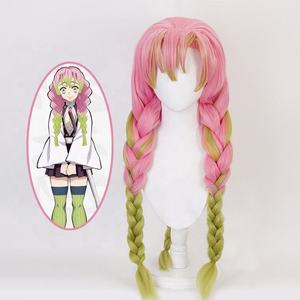 Parrucca <span class=keywords><strong>Cosplay</strong></span> di Kanroji Mitsuri da <span class=keywords><strong>Demon</strong></span> <span class=keywords><strong>Slayer</strong></span>, 80cm, Lunga, Rosa e Verde Mista, Sintetica, con Trecce - Product Image 3