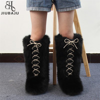 Bottines mi-mollet en fausse fourrure Jiubaju pour femmes, nouvelles bottes d'hiver à lacets pour femmes