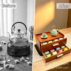 Wooden Double Layer <b>Tea</b> Bag Storage <b>Box</b> With Compartments Drawer Style Desktop Organizer For <b>Tea</b> Room Use - Product Image 4
