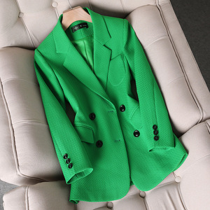 Women's Green Blazer Double Breasted Solid Color Polyester Casual Loose Fit Suit Jacket - Product Image 1