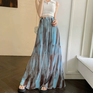 Tie-Dye Pleated Midi Skirt Women Chiffon A-Line Flowing Regular Waist Black Lined Summer Style - Product Image 1