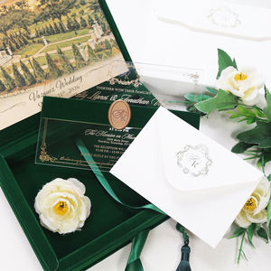 Boîte <span class=keywords><strong>d</strong></span>'invitation de mariage personnalisée en velours avec motif aquarelle, ensemble <span class=keywords><strong>d</strong></span>'invitations de luxe en acrylique vert émeraude avec <span class=keywords><strong>carte</strong></span> RSVP et sceau de cire - Product Image 2