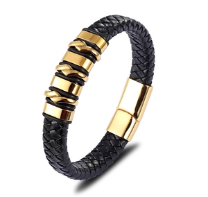 Nouveau <span class=keywords><strong>Bracelet</strong></span> Tressé <span class=keywords><strong>en</strong></span> <span class=keywords><strong>Cuir</strong></span> Véritable de <span class=keywords><strong>Luxe</strong></span> pour Hommes, Motif Géométrique, avec Breloque <span class=keywords><strong>en</strong></span> Acier Inoxydable Doré de Haute Qualité, Idéal comme Cadeau - Product Image 2