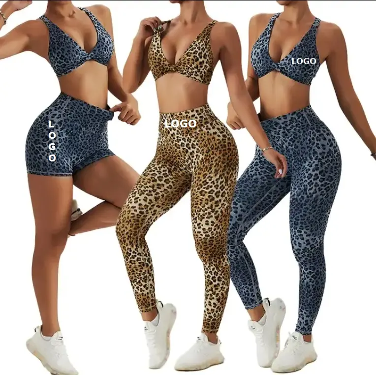 Top reggiseno sportivo con Logo personalizzato OEM tute eleganti pantaloni da Yoga da donna con stampa leopardata Leggings Fitness Twist set reggiseno sportivo