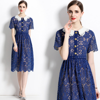 Nouvelle mode de haute qualité à manches courtes pour femmes, robe d'été élégante en dentelle bleue ajourée