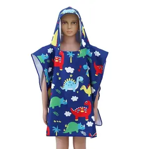 Hot Sale Custom Kids Swim Shark Cartoon Logo Quick Dry Kids Hooded Bathing Hoodie Polyester Printed Animal Baby Poncho Towel